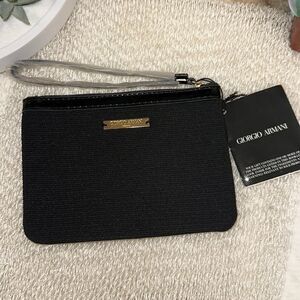 Giorgio Armani Beauty Small Black Leather Trim Soft Cord Knit Ribbed Wristlet